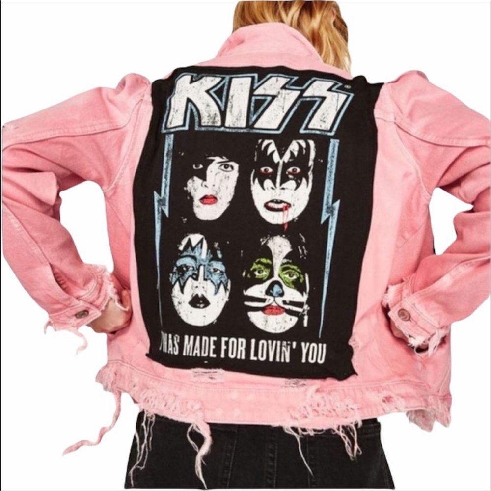 Zara x KISS Band Pink Denim Puff Sleeve Distressed Jacket